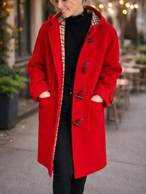 Burberrys Vintage Red Duffle Coat Size 14 Nova Check Lined Wool Toggle Jacket